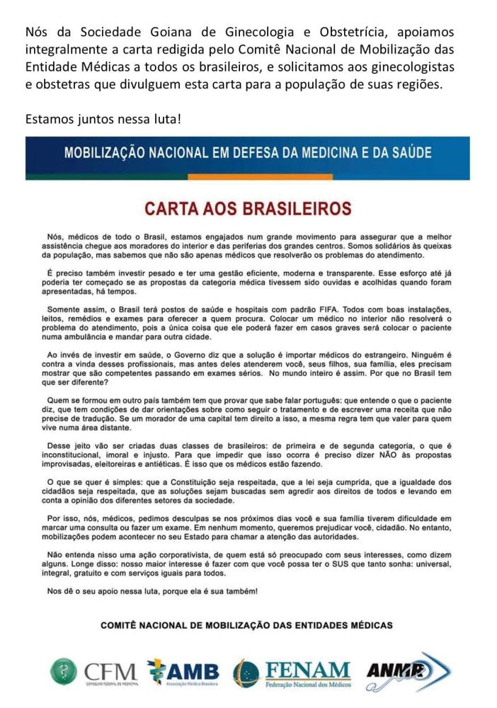 SGGO cfm_carta_populacao1 COMITÊ DE MOBILIZAÇÃO DAS ENTIDADES MÉDICAS